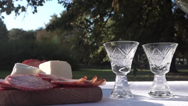 Verter el brandy casero de Rakija de los Balcanes en copas pequeñas en la mesa del PIcnic — Vídeos de Stock