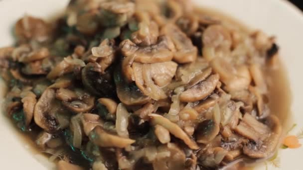 Vegan Cuisine, Cooked Mushrooms as Meal Served on White Plate, Close Up — Stock Video