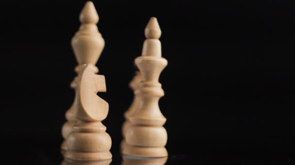 木製の白いチェスの駒図,王,女王,騎士と司教,閉じる — ストック動画