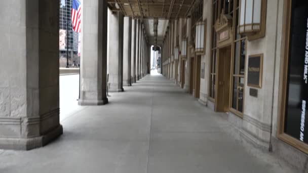 Empty Walkway Under Entrance Sign at Civic Opera Building Chicago USA. Revealing Tilt Up Slow Motion Shot — Stock Video