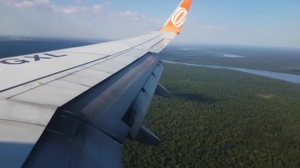 Gol Linhas Airlines Boing 737 Samolot lecący nad rzeką Iguazu i lasem deszczowym — Wideo stockowe