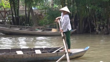 Geleneksel Konik Konik Yaprak Şapkalı Vietnamlı Kadın Mekong Nehri 'nde Tekne Taşınıyor