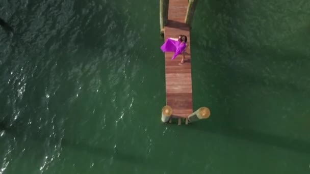 Szexi Lila Ruha Álló Fa Dokk Tengerszint feletti, Drone Aerial View — Stock videók