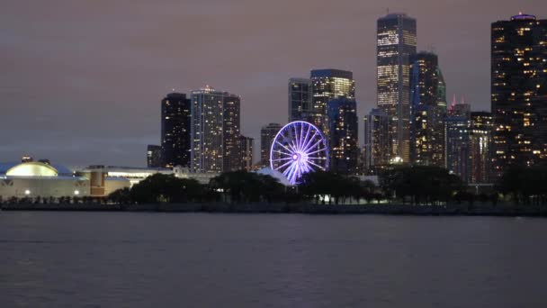 Chicago USA Navy Pier and Downtown Budynki w nocy, kolorowe oświetlenie — Wideo stockowe