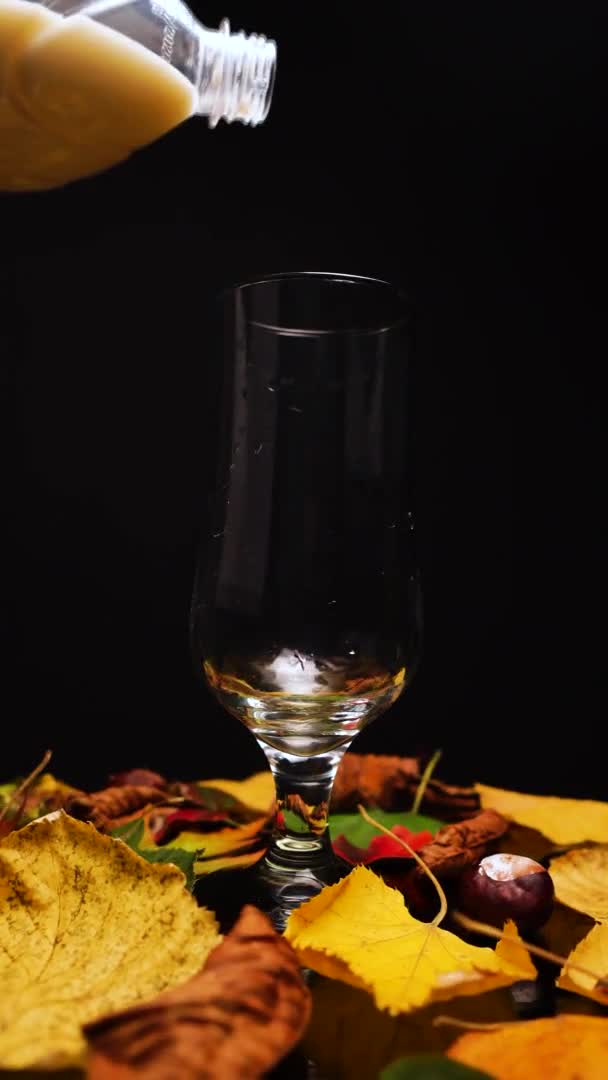 Vídeo vertical de verter leche fresca de una botella de plástico en vidrio en otoño — Vídeo de stock