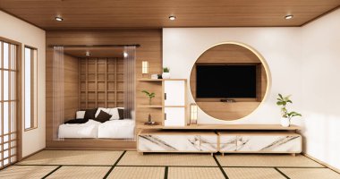 Çember duvar tasarım odası Japonca - zen tarzı, minimal tasarımlar. 3B görüntüleme