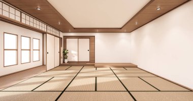 İç tasarım beyaz modern oturma odası Asya tarzı. 3d illüstrasyon, 3d canlandırma