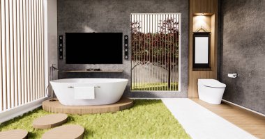 Bath and toilet on bathroom zen style with smart tv on wall design.3D rendering clipart