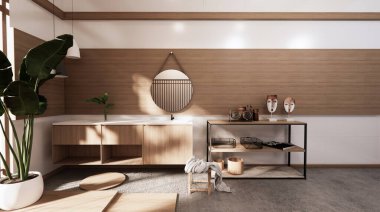 Dolap tropikal bir banyoda lavabonun altında. 3B görüntüleme