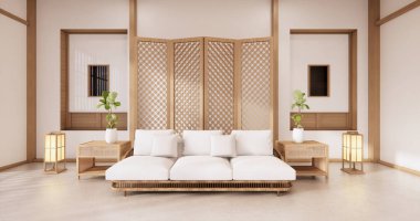 Tatami paspas döşemeli ve beyaz duvar 3D kaplamalı tropikal iç mekanlı bölmeli Japonlar