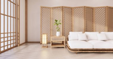 Tatami paspas döşemeli ve beyaz duvar 3D kaplamalı tropikal iç mekanlı bölmeli Japonlar