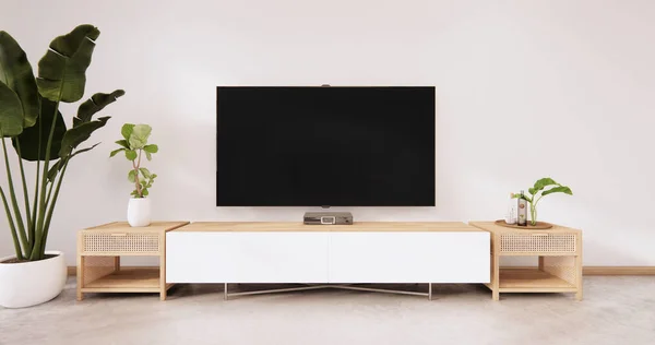 Beyaz duvarlı ahşap televizyon dolabı. Beyaz zemin kattaki Japon tarzı. 3d oluşturma