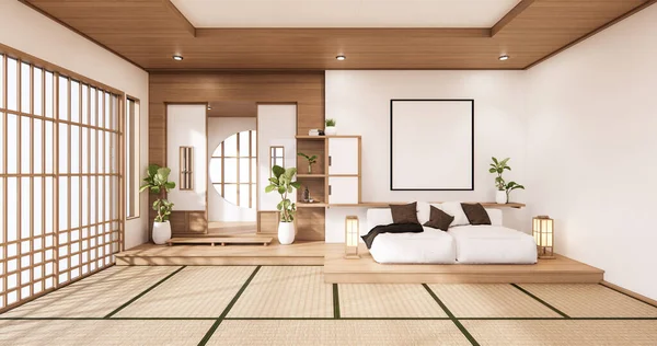 Divano Bianco Giapponese Camera Japan Tropicale Desing Tatami Mat Floor — Foto Stock