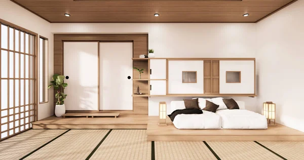 日本のトロピカルデザインと畳の床に白いソファ日本語 — ストック写真