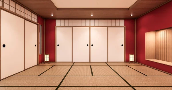 Het Interieur Kleur Rode Kamer Inteior Met Tatami Mat Vloer — Stockfoto