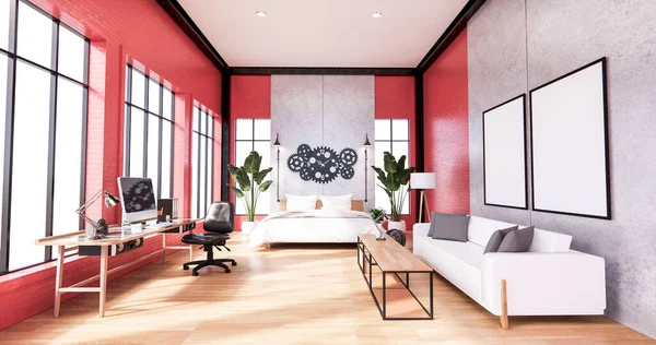 Red Design Loft Style Bedroom Interior Design Rendering — Stock Photo, Image