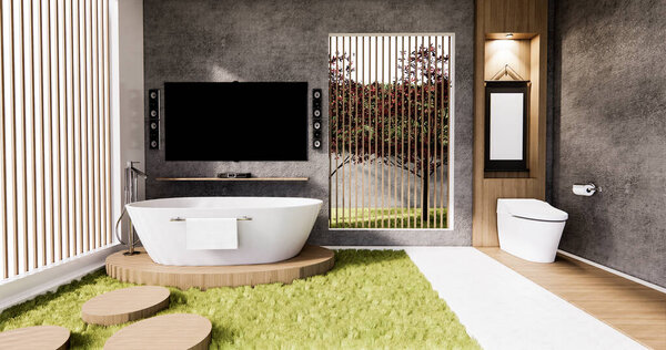 Bath and toilet on bathroom zen style with smart tv on wall design.3D rendering