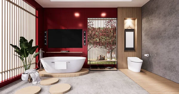 Estilo Zen Banheiro Vermelho Com Inteligente Parede Design Renderização — Fotografia de Stock