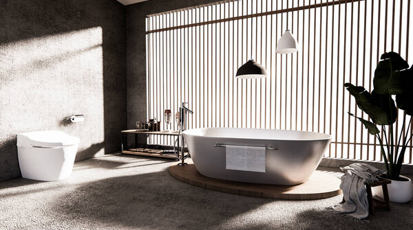 The Bath and toilet on bathroom zen style .3D rendering