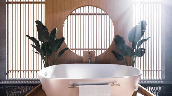 Bañera Baño Japonés Tiene Una Sala Diseño Piscina Lateral Espaciosa — Foto de Stock