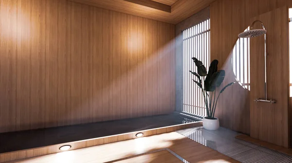 日本のバスルームのシャワーにはサイドプールのデザインルームがあり 自然光が差し込みます 3Dレンダリング — ストック写真