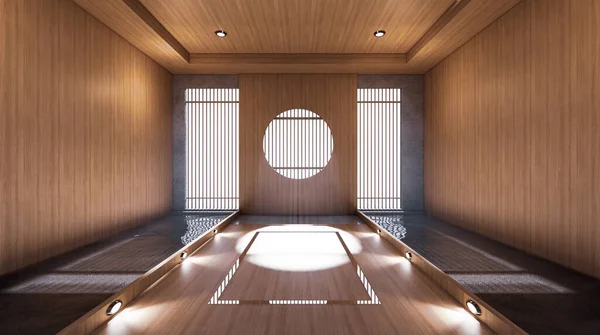 像日本房间一样的走廊有一个侧池设计房间 宽敞而自然色调的光线 3D渲染 — 图库照片