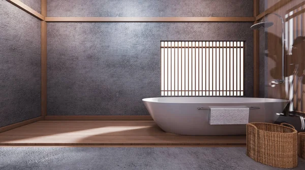 Bañera Baño Japonés Tiene Una Sala Diseño Piscina Lateral Espaciosa — Foto de Stock