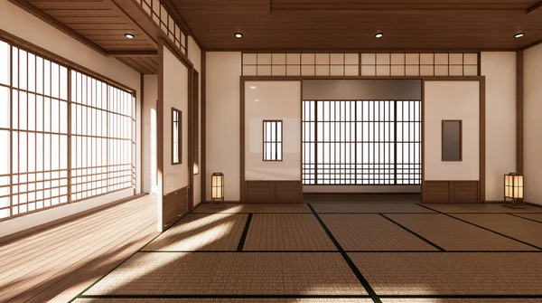 Oda Japon Tarzının Geniş Tasarımı Doğal Tonlarda Işık Barındırıyor Görüntüleme — Stok fotoğraf
