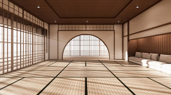 Δωμάτιο Είναι Ευρύχωρο Σχεδιασμό Του Ιαπωνικού Στυλ Και Φως Φυσικούς — Φωτογραφία Αρχείου