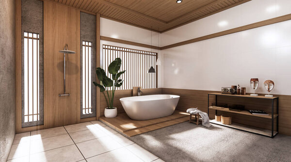 The Tropical bathroom japanese style .3D rendering