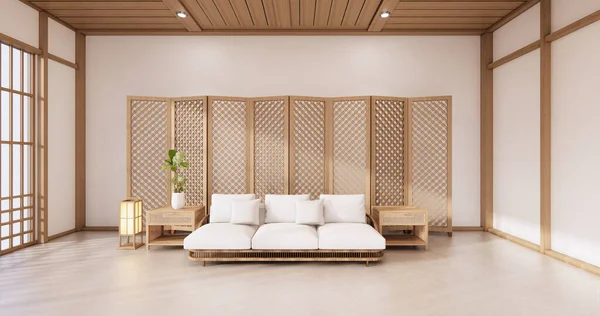 Partition Japanese Room Tropical Interior Tatami Mat Floor White Wall — Stock Photo, Image