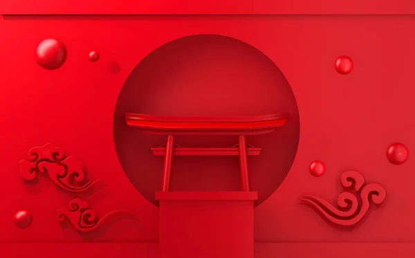 Rotes Podium Japaner Zeigen Kosmetische Produkt Geometrischen Japanischen Stil Rendering — Stockfoto