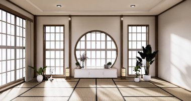 Boş oturma odasının duvarını ve dolabını tatami paspaslı Japon deisgn ile donatın. 3B görüntüleme