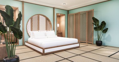 Cyan Mint Circle raf dizaynı yatak odası Japonya deisgn 'de Tatami paspas zeminli. 3B görüntüleme