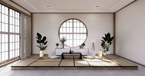 传统的日本风格客厅混合现代设计 3D渲染 — 图库照片