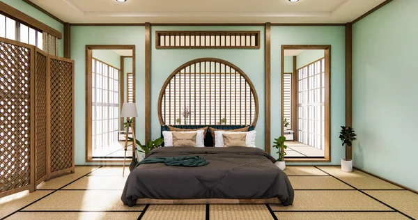 Cyan Mint Circle shelf wall design on bed room japanese deisgn with tatami mat floor. 3D rendering