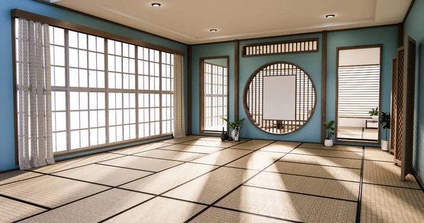Window Circle Wall Design Empty Living Room Japanese Rendering — Stock fotografie