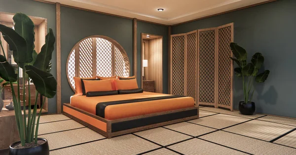 The Circle wall design on Dark bedroom japanese deisgn with tatami mat floor. 3D rendering