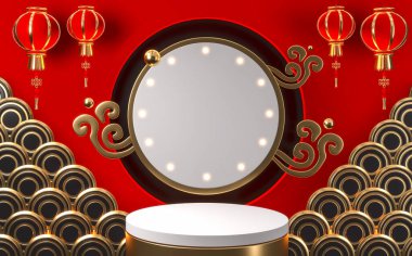 Kızıl Japon podyumu kozmetik ürünü, geometrik japon stili 3D sunuyor.