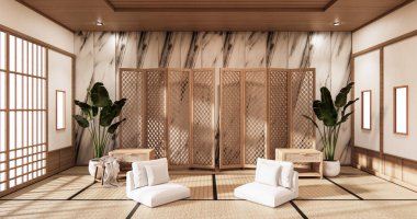Tatami paspas döşemeli ve ganit duvarlı 3D döşemeli tropikal oda Japonları bölmesi.