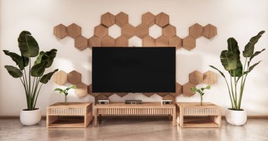 Ahşap dolap televizyonu, duvarında ahşap altıgen fayanslar ve Tatami paspas odası, Japon tarzı 3D döşeme.