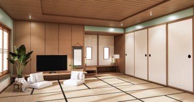 Duvardaki televizyon naneli oda modern tropikal tarzda - boş oda iç tasarımı - minimal tasarım. 3d oluşturma