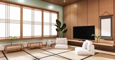 Duvardaki televizyon naneli oda modern tropikal tarzda - boş oda iç tasarımı - minimal tasarım. 3d oluşturma