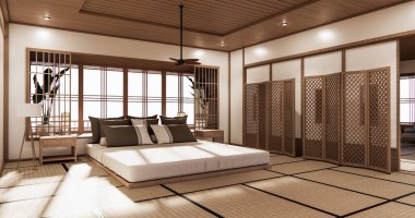 Yatak odası Japon dizaynı tropikal oda içinde ve tatami paspas zemininde. 3B görüntüleme