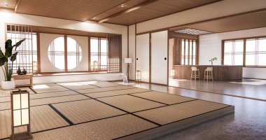 İç tasarım, zen modern oturma odası Japon tarzı 3D tasarım