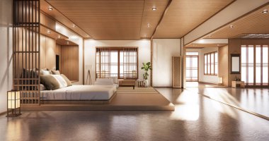 Yatak odası Japon dizaynı tropikal oda içinde ve tatami paspas zemininde. 3B görüntüleme