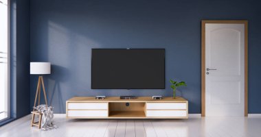 Beyaz odalı, minimalist Japon oturma odalı bir televizyon dolabı. 3d oluşturma
