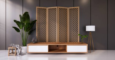 Koyu siyah jroom beyaz zemin minimalist Japon oturma odası. 3d oluşturma