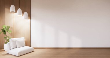 Boş ahşap duvar tasarımı ve Japon tarzı mini kanepe. 3B görüntüleme