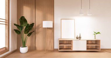 Modern oturma odasındaki dolabın çerçevesi 3 boyutlu.